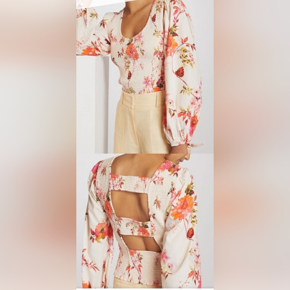 Anthropologie Floral Smocked Blouse with Back Cutouts and Balloon Sleeves Size S - Picture 4 of 7